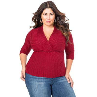 Red Deep V Fitted Rubbed Knit Plus Size Top