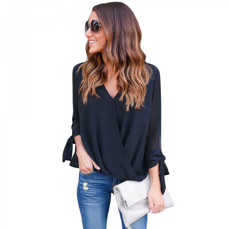 Black Womens V Neck Ruched Tie Sleeve Top