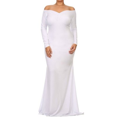 White Off-shoulder V Neck Long Sleeve Plus Long Dress