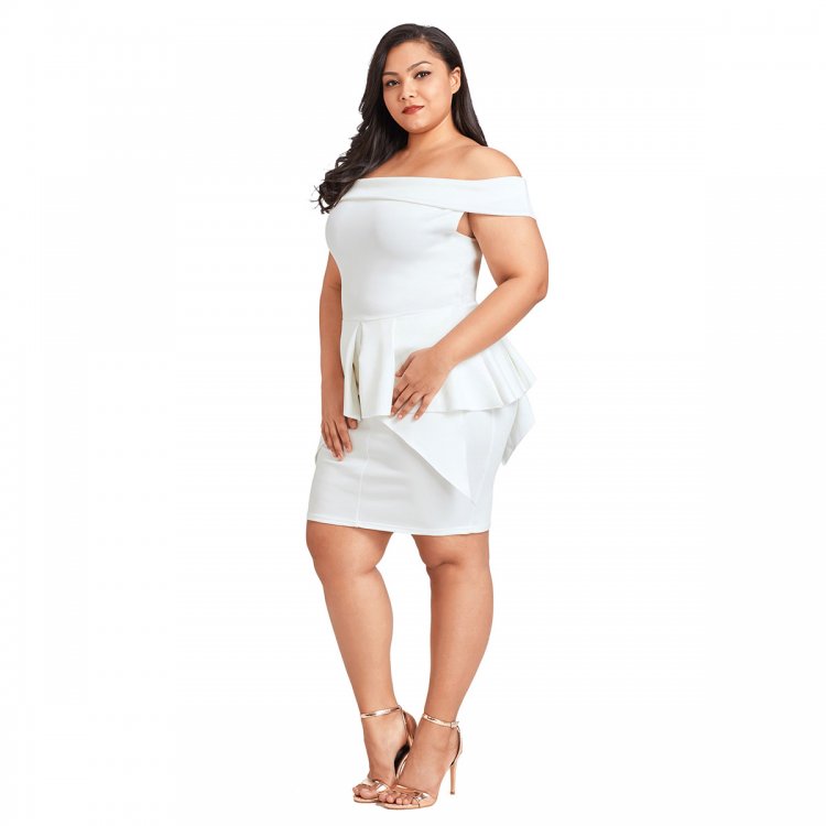 White Plus Size Fold Over Off Shoulder Peplum Dress