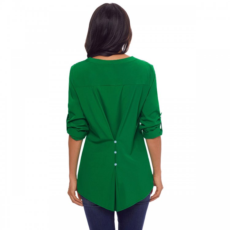 Green Lace Panel Split Neck Roll Tab Sleeve Blouse