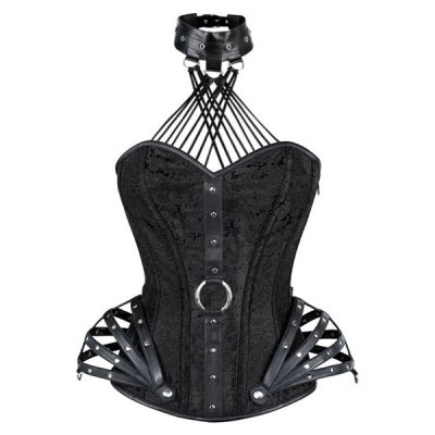 Black Gothic Steel Boned Overbust Corset with Neck Gear