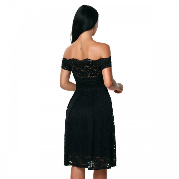 Black Plus Size Scalloped Off Shoulder Flared Lace Dress