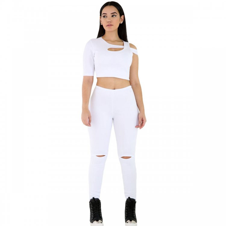 White 2pcs One Sleeve Fit Jumpsuit Set