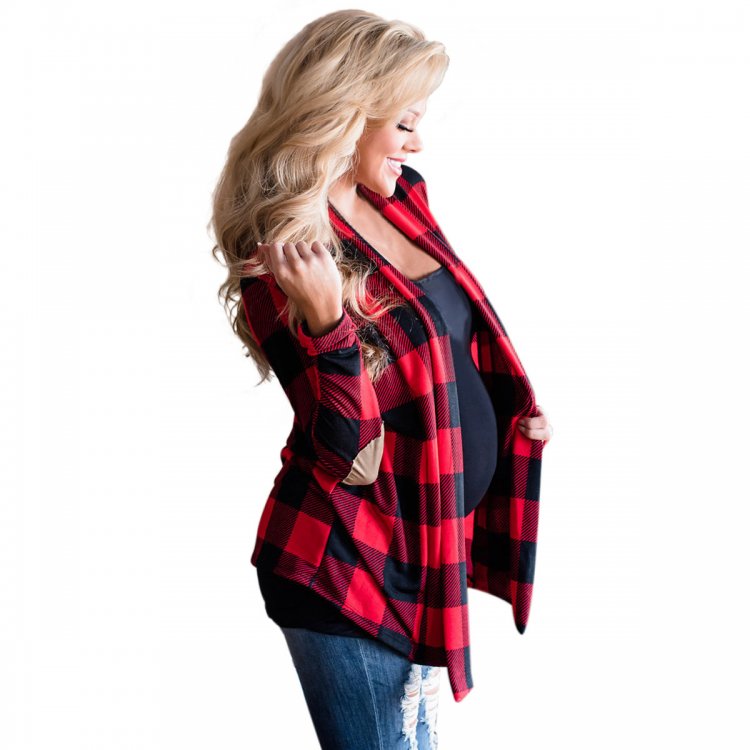 Red Suede Elbow Patch Long Sleeve Plaid Cardigan