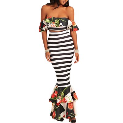 Floral Ruffle Accent Striped Crop Top and Skirt Set