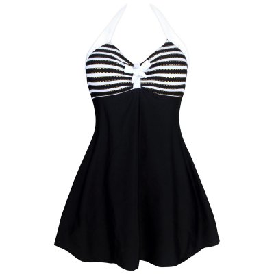 Black White Stripes Gold Trim One-piece Swimdress