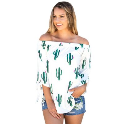 Cactus Print Elastic Off Shoulder Top