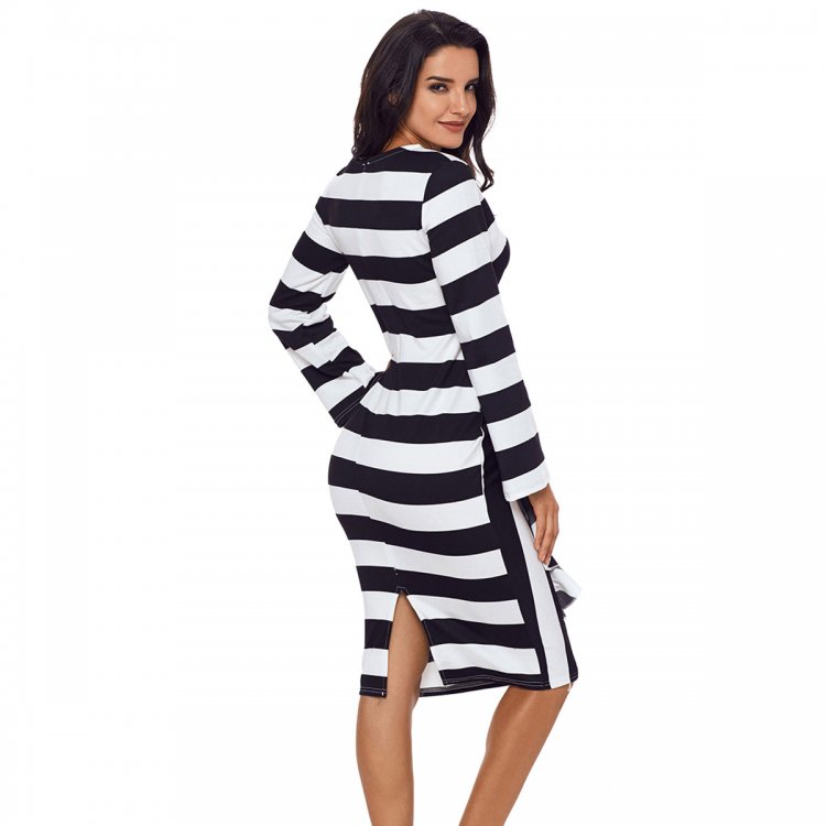Black Striped Ruffle Side Back Slit Long Sleeve Midi Dress