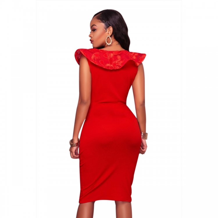 Red Ruffle V Neck Detail Midi Dress