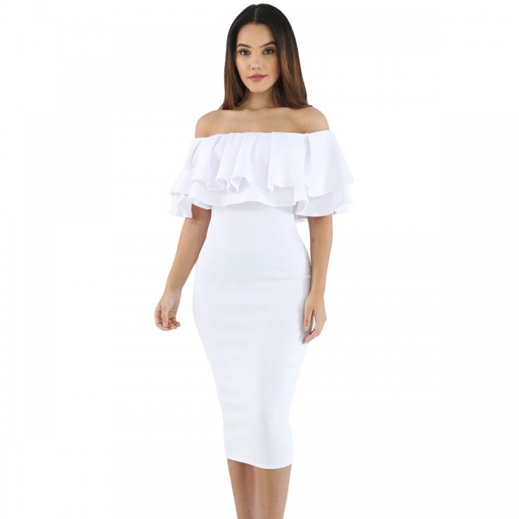 White Layered Ruffle Off Shoulder Midi Dress