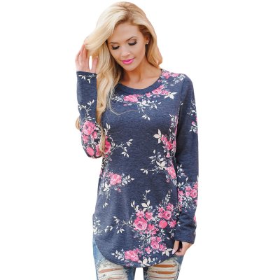 Gray Long Sleeve Floral Autumn Womens Top