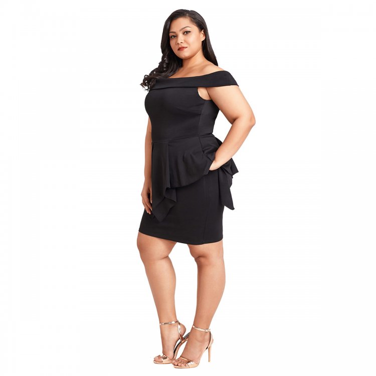 Black Plus Size Fold Over Off Shoulder Peplum Dress
