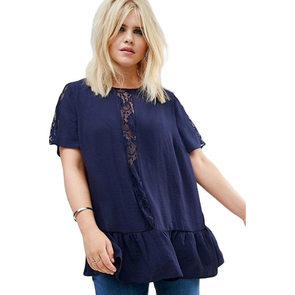 Navy Plus Size Smock Top with Lace Insert