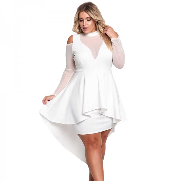 White Sheer Mesh Trim Hi-Lo Peplum Bodycon Dress