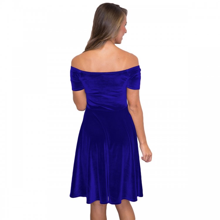 Blue Velvet Off Shoulder Pleated Skater Dress