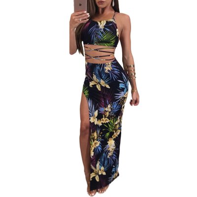 Black Tropical Floral Print Hot Sexy Two Piece Dress