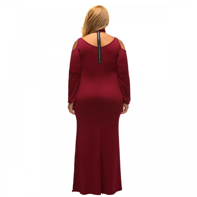 Burgundy Cold Shoulder Choker Neck Plus Size Maxi Dress