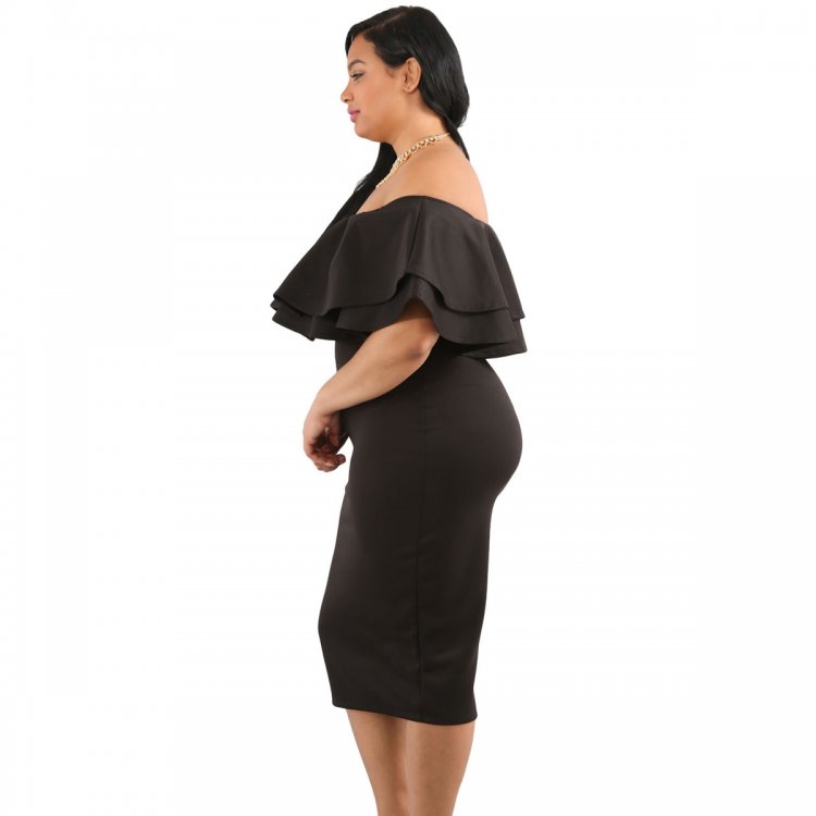 Black Layered Ruffle Off Shoulder Curvaceous Dress