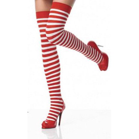 Black and white stripe thigh high Christmas stockings.