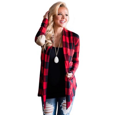 Red Suede Elbow Patch Long Sleeve Plaid Cardigan