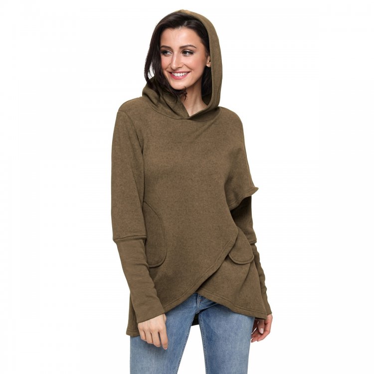 Taupe Tulip Wrap Cape Style Long Sleeve Hoodie