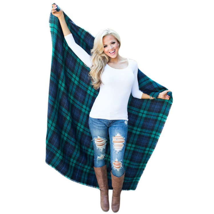 Green Blue Plaid Oversized Square Scarf