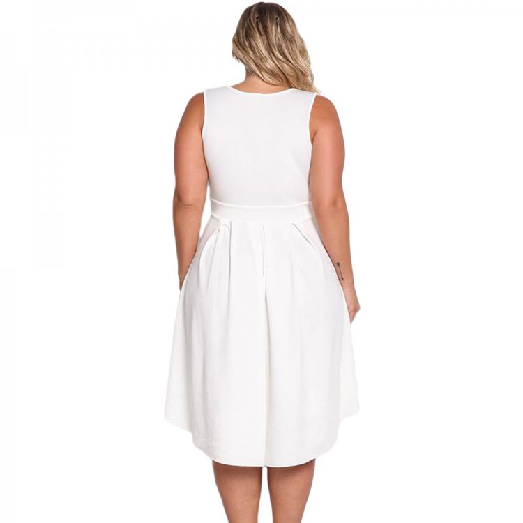 White Sleeveless V Neck Plus Size Hi-lo Dress
