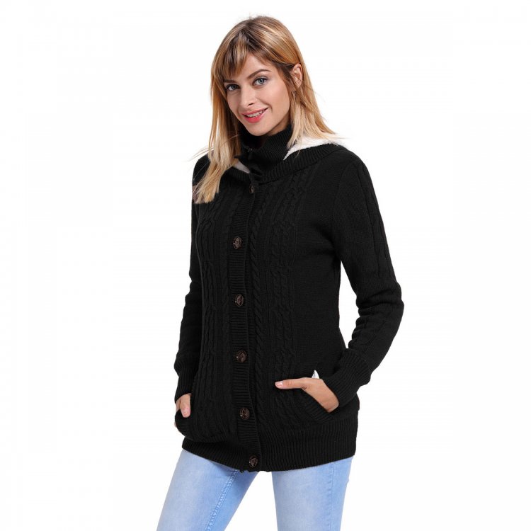 Black Long Sleeve Button-up Hooded Cardigans