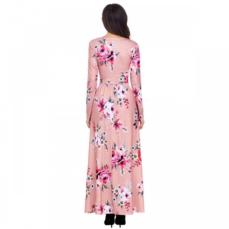Mauve Floral Surplice Long Sleeve Maxi Boho Dress