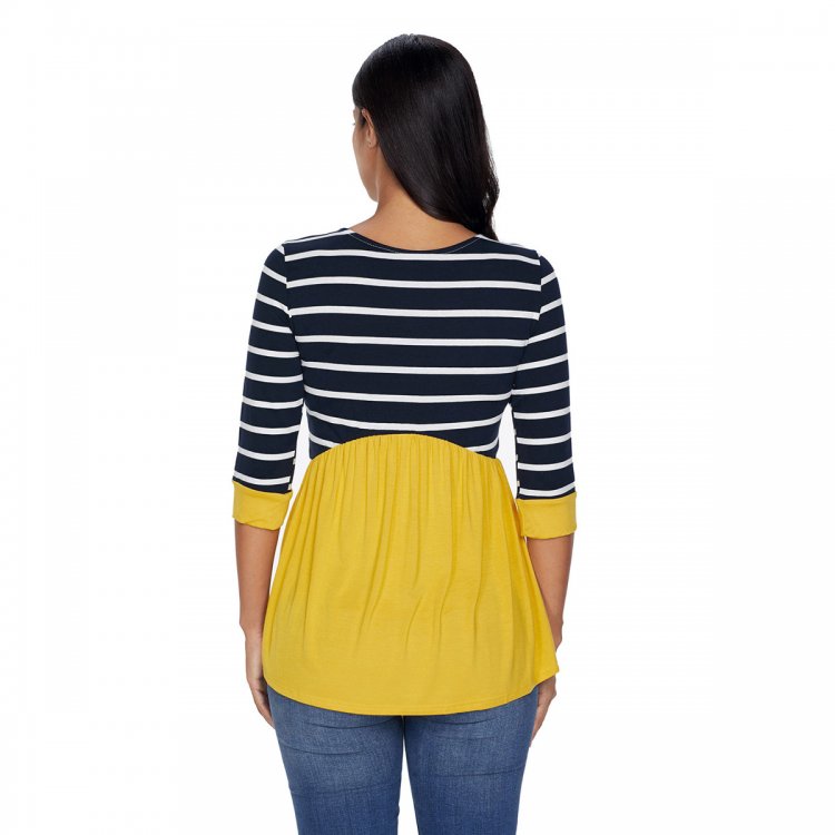 Striped Spliced Yellow Contrast 3/4 Sleeve Blouse