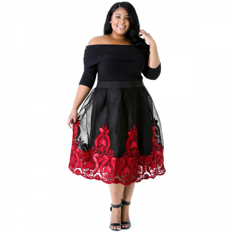 Red Lacy Embroidery Tulle Skirt Curvy Skater Dress