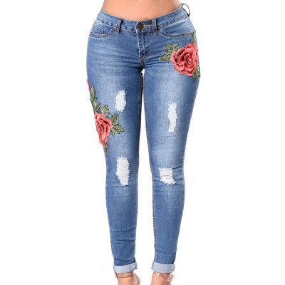 Rose Embroidered Whisker Detail Skinny Jeans