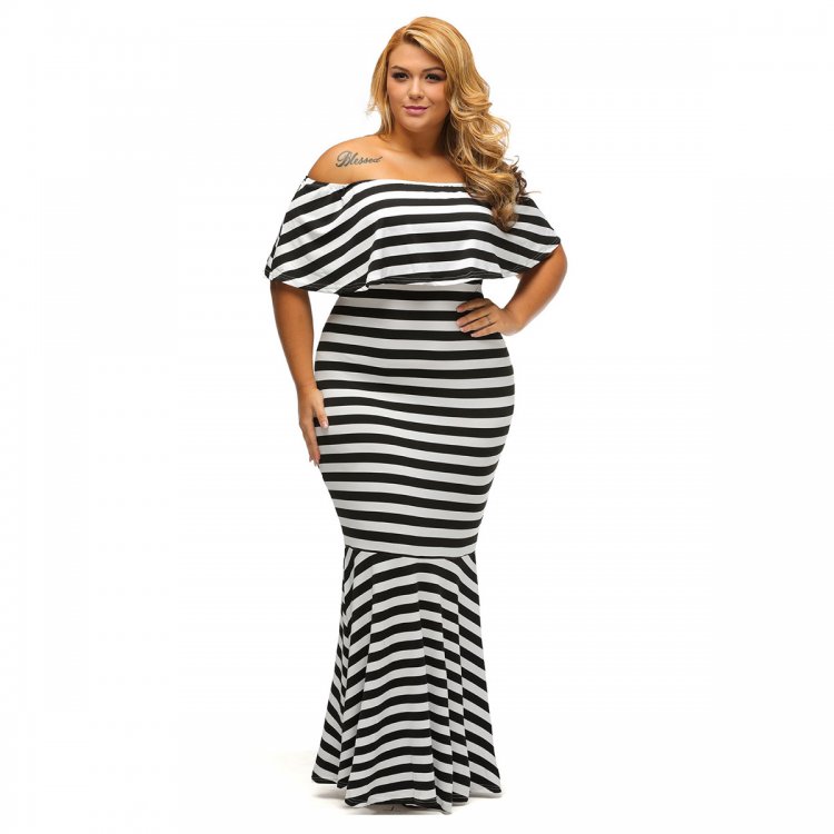 Striped Ruffle Tube Plus Size Maxi Dress