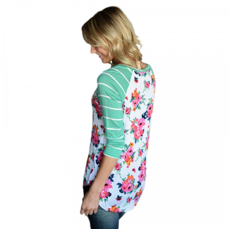 Green Striped Sleeves White Floral Top