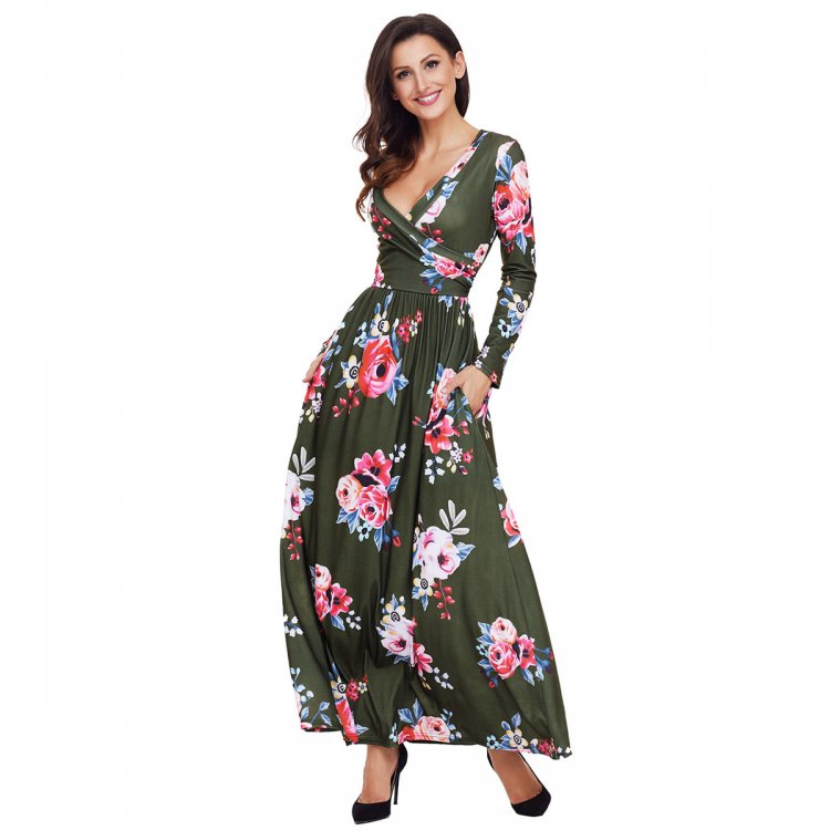 Olive Floral Surplice Long Sleeve Maxi Boho Dress