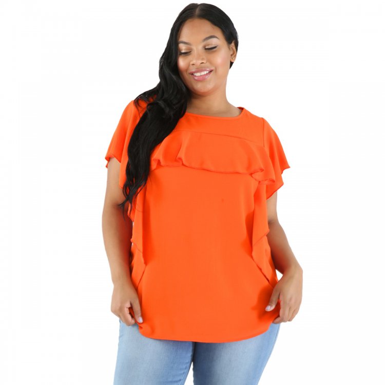 Orange Ruffled Detail Flutter Sleeves Plus Size Top