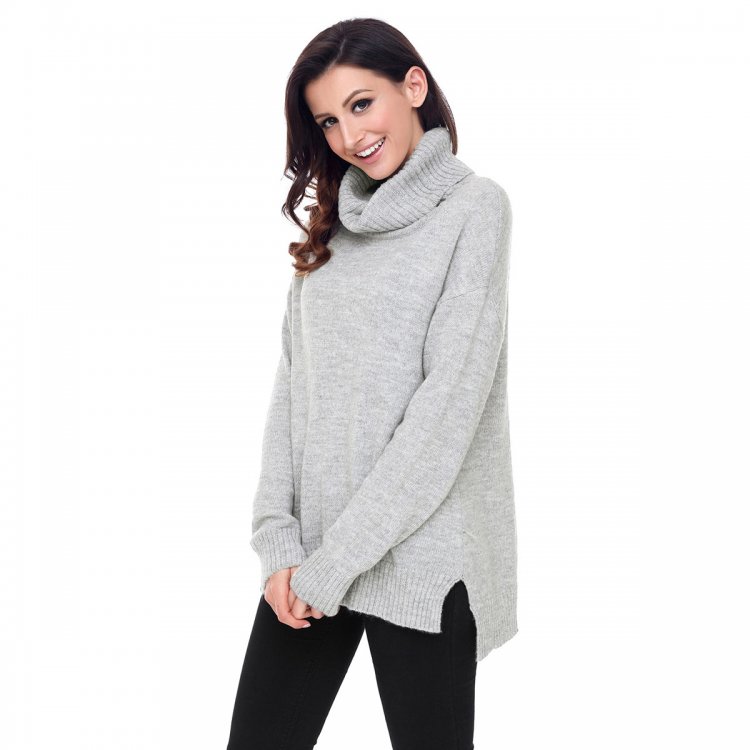 Gray Causal Knit High Neck Loose Sweater