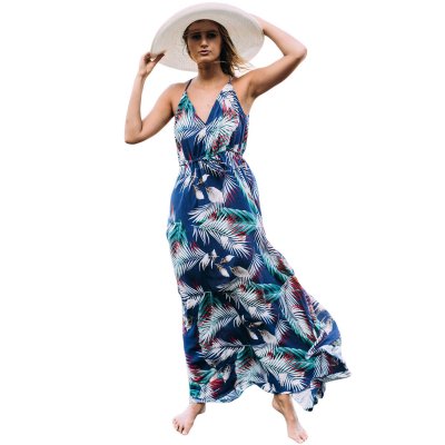 Blue Tropical Leaf Print Sexy V Neck Maxi Dress