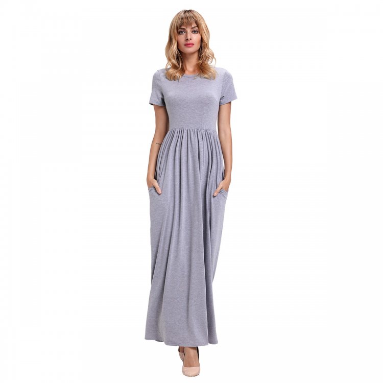 Gray Short Sleeve Ruched Waist Maxi Dress