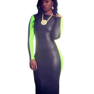 Black Green Scoop Back Leatherette Bodycon Midi Dress