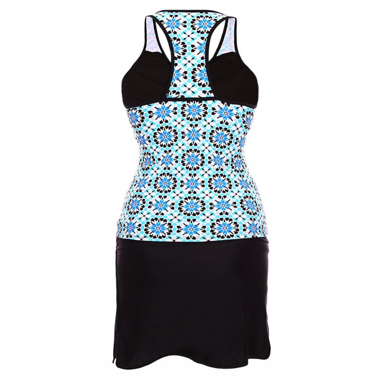 Abstract Print Racerback Tankini Blue Skort Swimsuit