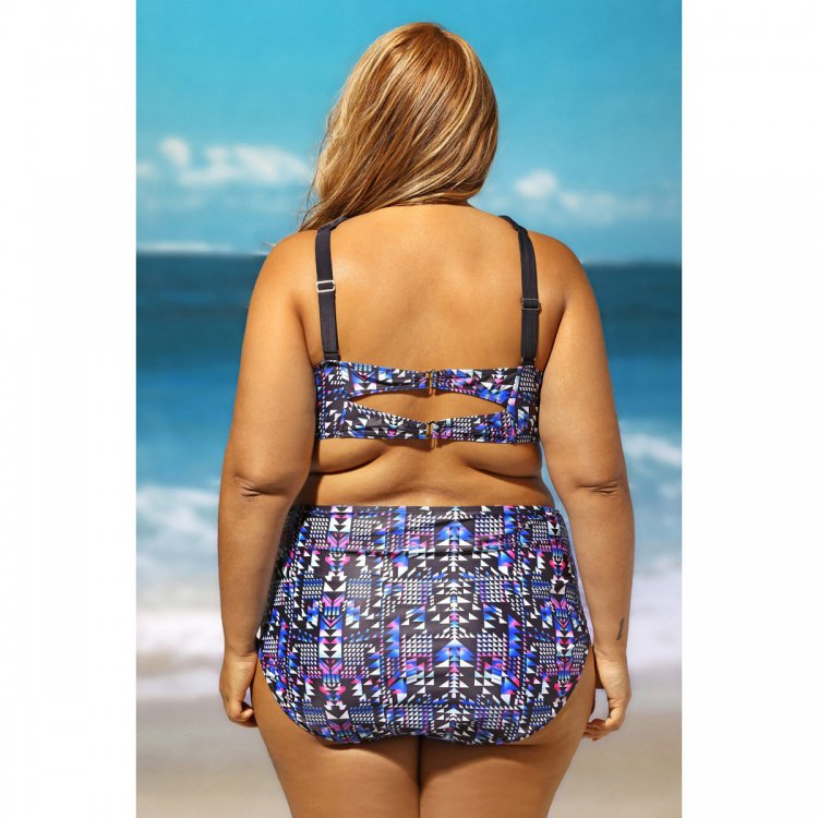 Strappy High Neck Printed 2pcs Plus Size Swimsuit