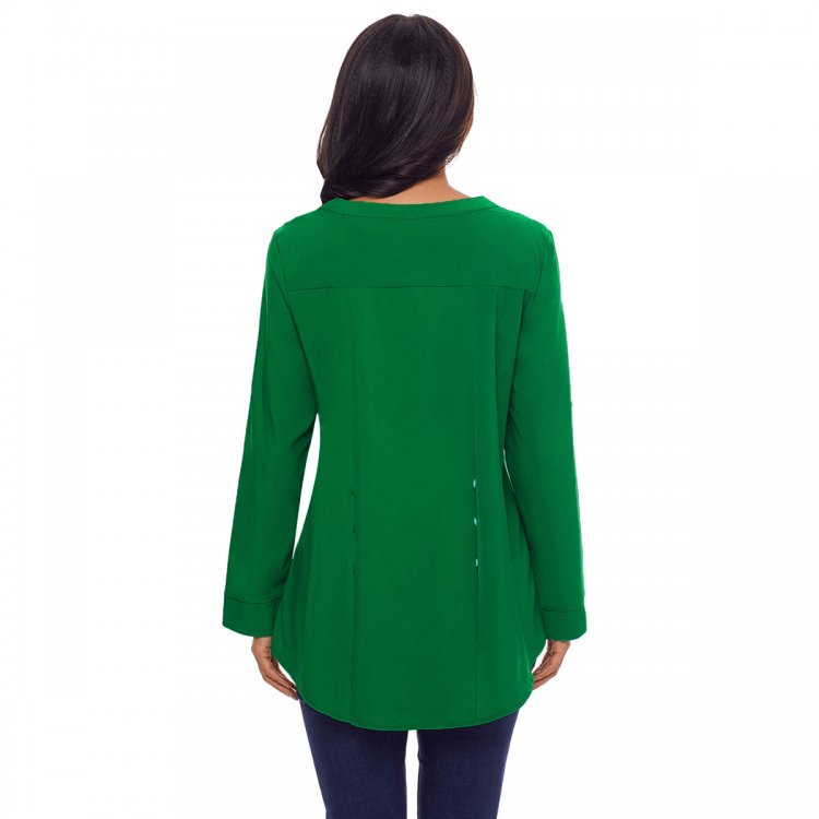 Green Lace Panel Split Neck Roll Tab Sleeve Blouse