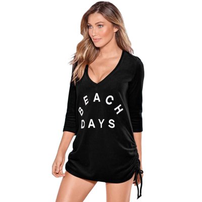 Black Ruched Tie Side V Neck Beach Cover Up