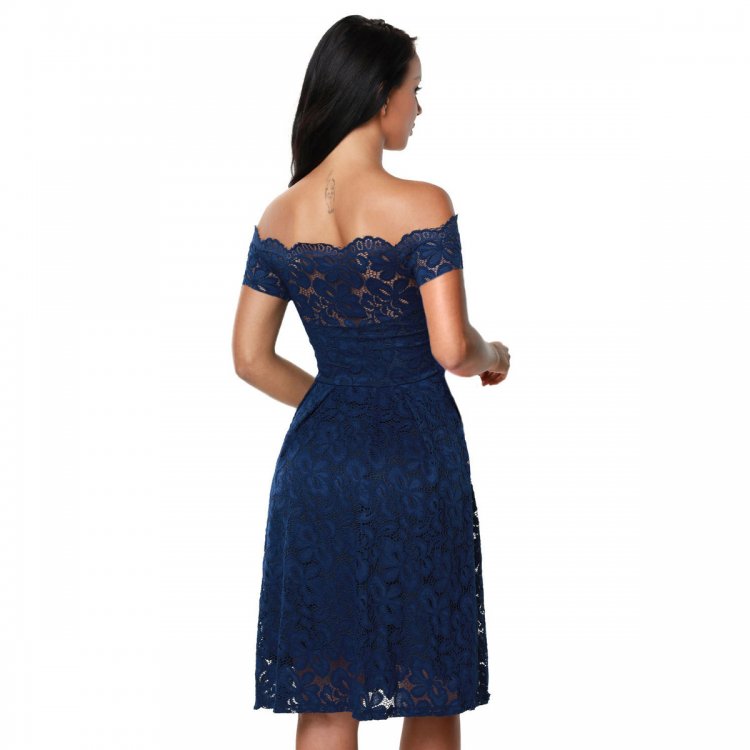 Blue Plus Size Scalloped Off Shoulder Flared Lace Dress
