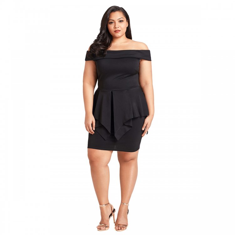 Black Plus Size Fold Over Off Shoulder Peplum Dress