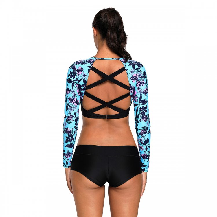 Long Sleeve Cropped Crisscross Hollow-out Back Bathing Suit
