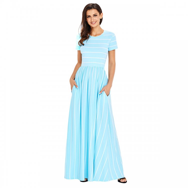 White Striped Light Blue Short Sleeve Maxi Dress