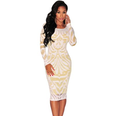 White Plus Victorian Net Nude Illusion Long Sleeves Dress